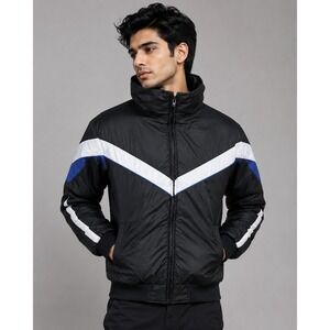 Skitique 1970s Ski Puffer Jacket Mens XL Navy Blue Striped 70s Coat Skiing